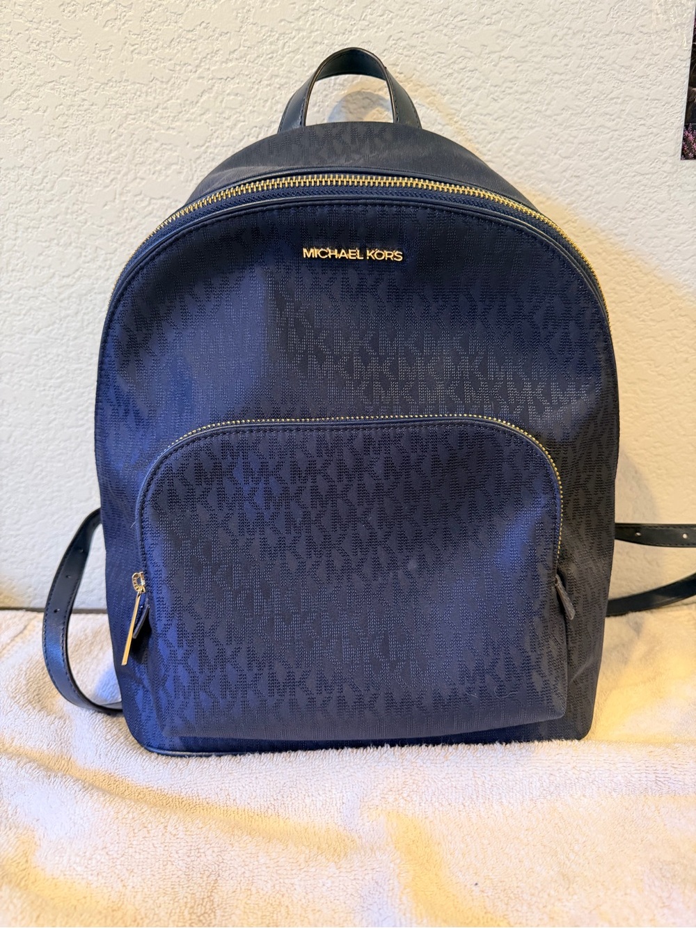 Michael Kors Navy Logo-Print Backpack with Gold Hardware